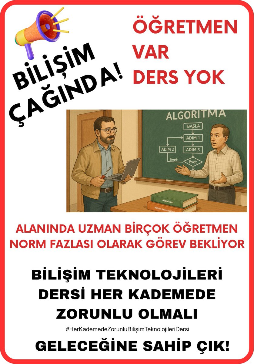 Yapay zekâ, siber güvenlik, yazılım geliştirme… Hepsi bilişim temeli ister.
#HerSınıfaBilişimDersi
<a href="/Yusuf__Tekin/">Yusuf Tekin</a> <a href="/tcmeb/">Millî Eğitim Bakanlığı</a> <a href="/meb_ttkb/">Talim ve Terbiye Kurulu Başkanlığı</a> <a href="/mebpgm/">Personel Genel Müdürlüğü</a> <a href="/EgitimBirSen/">Eğitim-Bir-Sen</a> <a href="/egitimgucusen/">EĞİTİM GÜCÜ SEN</a>