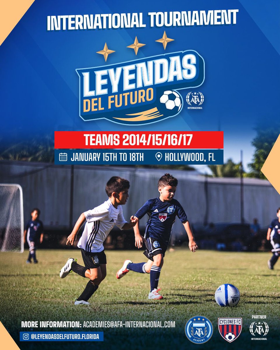 afa_academyfl's tweet image. Leyendas del Futuro arrives in South Florida 🏆

🏟️ Categories: 2014, 2015, 2016, 2017
📅 Dates: January 15–18, 2025
📍 Location: Hollywood, Florida

📲 Follow us on social media to stay updated with all tournament news.