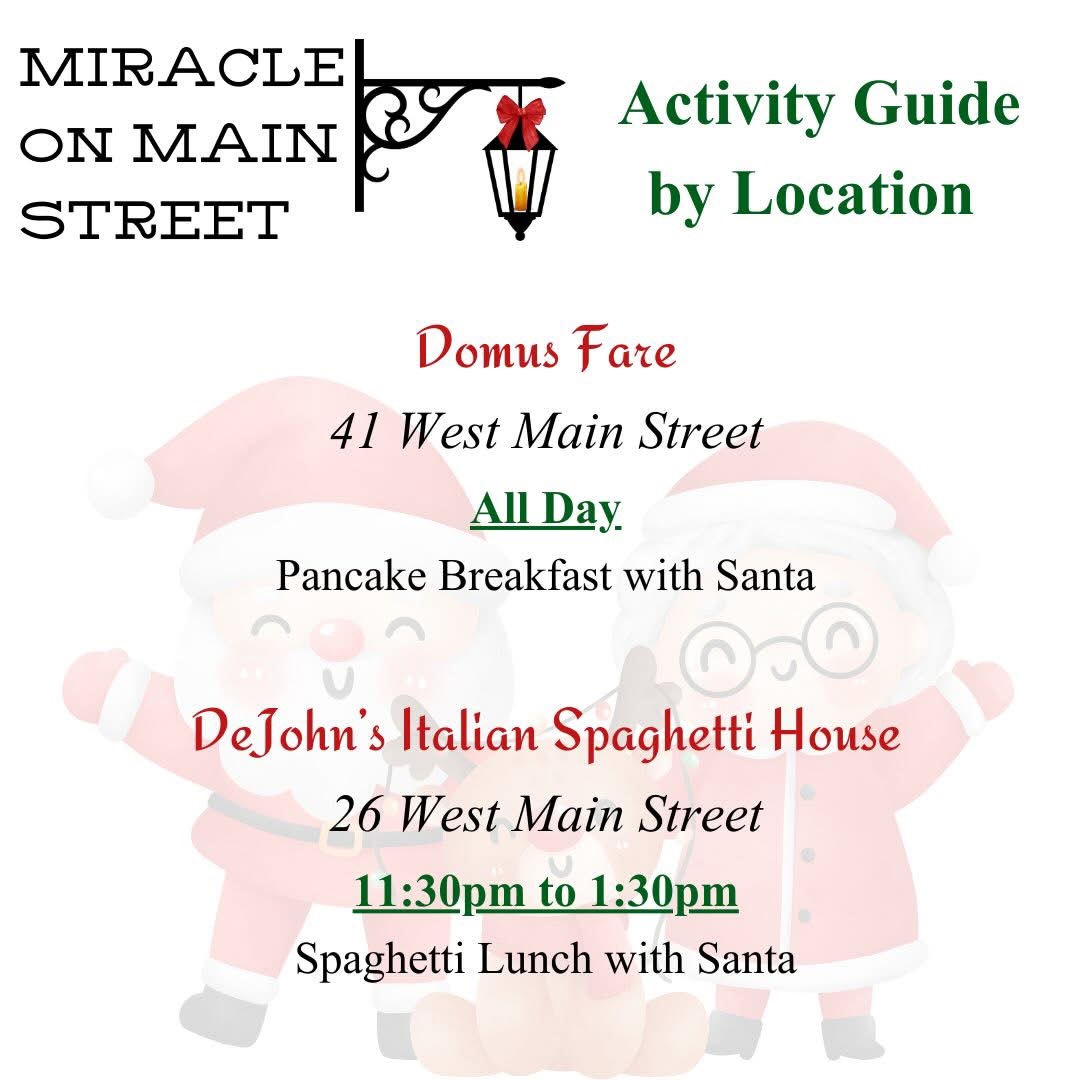 Visit Domus Fare &amp; DeJohns Italian Spaghetti House this Saturday for breakfast or spaghetti with Santa 🎅 during Miracle on Main on December 6, 2025!
