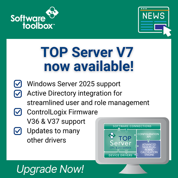 SoftwareToolbox's tweet image. 🚀 TOP Server V7.0 is here for AVEVA users, SIs, VARs &amp;amp; OEMs. Connect all devices &amp;amp; apps with no extra software or vendor lock-in. Windows Server 2025, Active Directory, ControlLogix V36/V37. For flexible, real-world operations. 

Upgrade today: bit.ly/48wmfWw