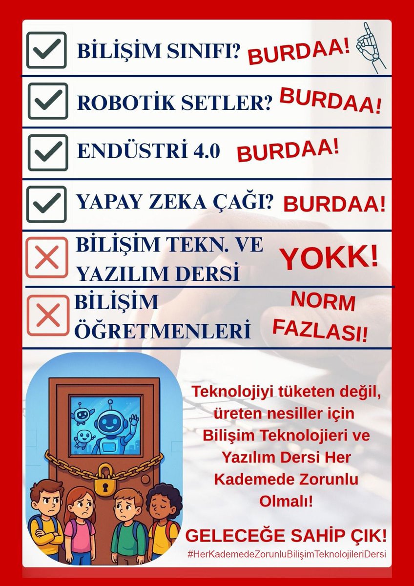 Okul öncesinden itibaren bilişim dersleri zorunlu olmalı. Geleceğe böyle hazırlanırız.
#HerSınıfaBilişimDersi
<a href="/Yusuf__Tekin/">Yusuf Tekin</a> <a href="/tcmeb/">Millî Eğitim Bakanlığı</a> <a href="/meb_ttkb/">Talim ve Terbiye Kurulu Başkanlığı</a> <a href="/mebpgm/">Personel Genel Müdürlüğü</a> <a href="/SelcukRSirin/">Selçuk Şirin</a> <a href="/nowtvturkiye/">NOW</a>