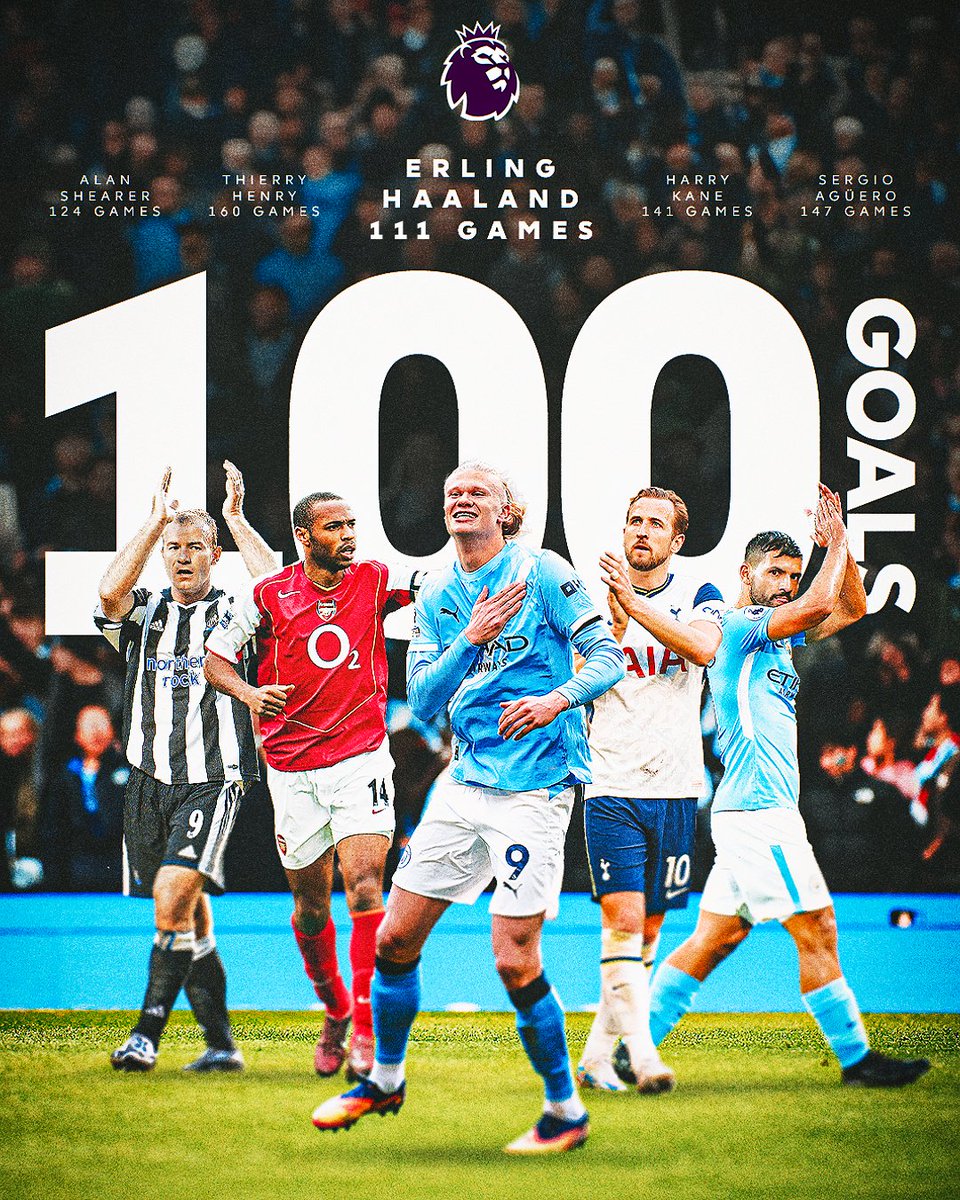 PLinUSA's tweet photo. The fastest player in Premier League history to score 💯 goals: Erling Braut Haaland 🤖 https://t.co/QfSqOqlWqd