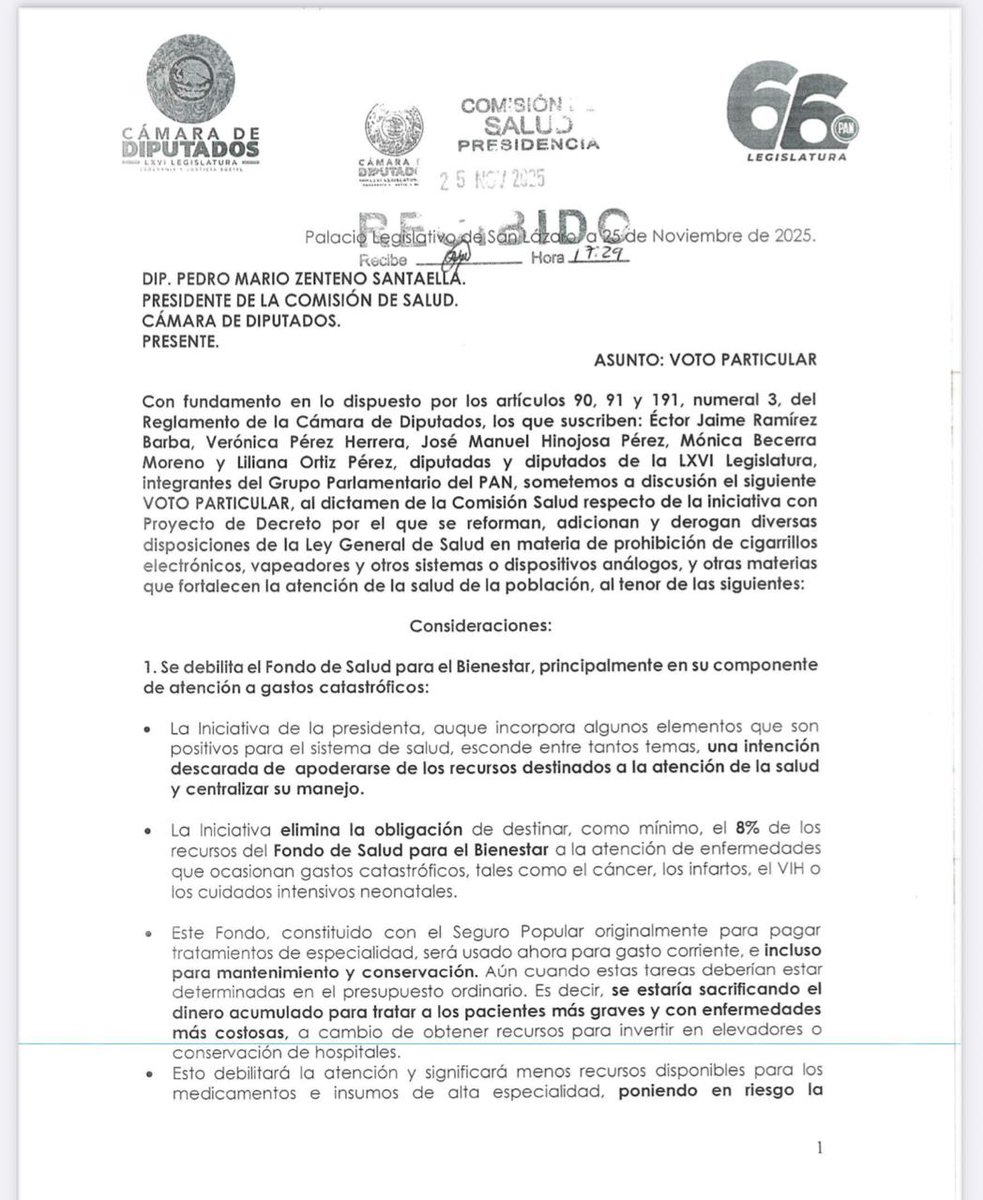 ectorjaime's tweet photo. El PAN anuncia su voto en contra de la nueva reforma al Sistema de Salud de @Claudiashein

Desmantela el Fondo de Salud para enfermedades de alto costo, provocará más saturación en el IMSS y el ISSSTE, además de criminalizar a usuarios de vapeo

Comparto nuestras propuestas de modificación al proyecto 👇

1⃣Blindar el Fondo de Salud para el Bienestar para evitar que sus recursos se utilicen fuera del sistema de salud, asegurando que se destinen a su propósito original: garantizar el tratamiento de enfermedades de alto costo, como el cáncer y el VIH.
2⃣Regular el mercado de vapeadores para arrebatar el control del contrabando al crimen organizado, garantizando simultáneamente que estos productos no lleguen a menores de edad, no se publiciten en medios masivos y no contengan sabores atractivos para la juventud
3⃣Garantizar la modernización del sistema de salud mediante la inversión en herramientas digitales como la telemedicina, la receta y el expediente clínico electrónico. Asimismo, regular el uso de la Inteligencia Artificial en el sector para asegurar la estricta protección de los datos personales sensibles.
4⃣Garantizar la autonomía de la Comisión Nacional de Arbitraje Médico (CONAMED) para que proteja efectivamente a los pacientes y no a las autoridades
5⃣Fortalecer a la COFEPRIS para que la autorización de medicamentos y vacunas se rija por criterios estrictamente técnicos, agilizando así el acceso de los mexicanos a tratamientos innovadores disponibles a nivel internacional.
6⃣Garantizar la viabilidad financiera del Plan Maestro Nacional de Infraestructura en Salud y Equipamiento Médico de Alta Tecnología, asignando los recursos públicos que la propuesta del Ejecutivo omite actualmente.