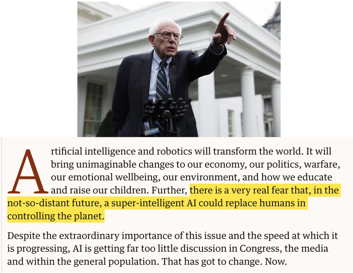 peterwildeford's tweet image. &quot;superintelligent AI could replace humans in controlling the planet&quot;

Bernie Sanders is right that this is a real risk that requires urgent attention.