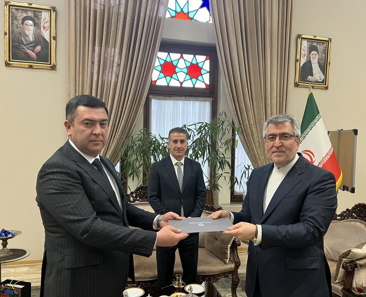Today, the new Consul General of the Republic of Azerbaijan in Tabriz handed over his credentials to me at the presence of Mr. Ambassador and officially began his mission- expansion of relation. I welcomed and wished him a pleasant &amp;memorable stay as well as a successful mission.