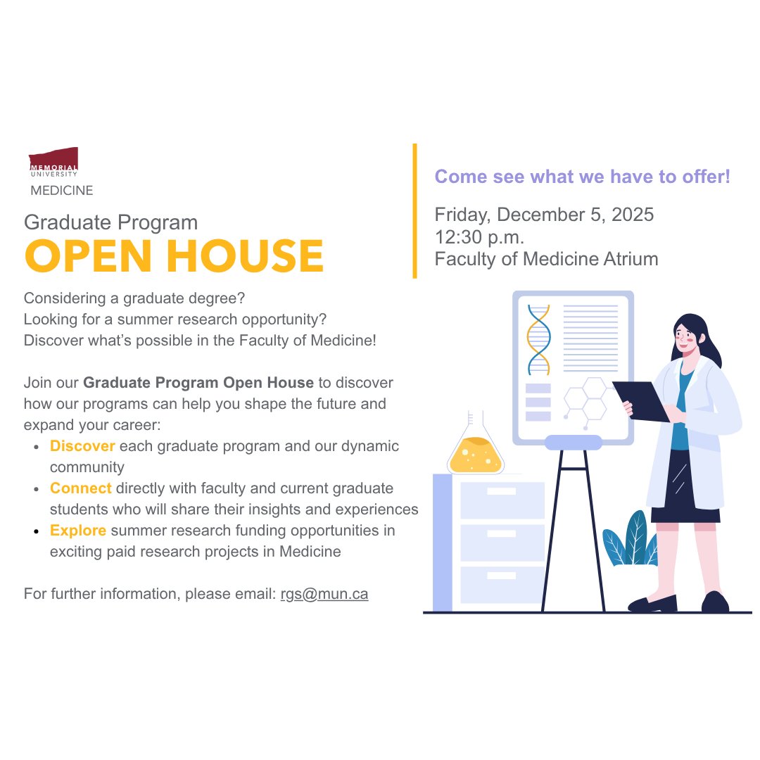 Come join us on Dec 5th at the Faculty of Medicine atrium to learn about the all-fantastic graduate programs offered by the departments of Biomedical Sciences and Population Health and Applied Health Sciences😍

<a href="/humans_MUNBIOL/">Humans of MUN Biology</a>  <a href="/MunBiochemistry/">Memorial University Biochemistry</a> 
<a href="/MemorialU/">Memorial University</a> <a href="/BioMedMUN/">BioMedMUN</a>
