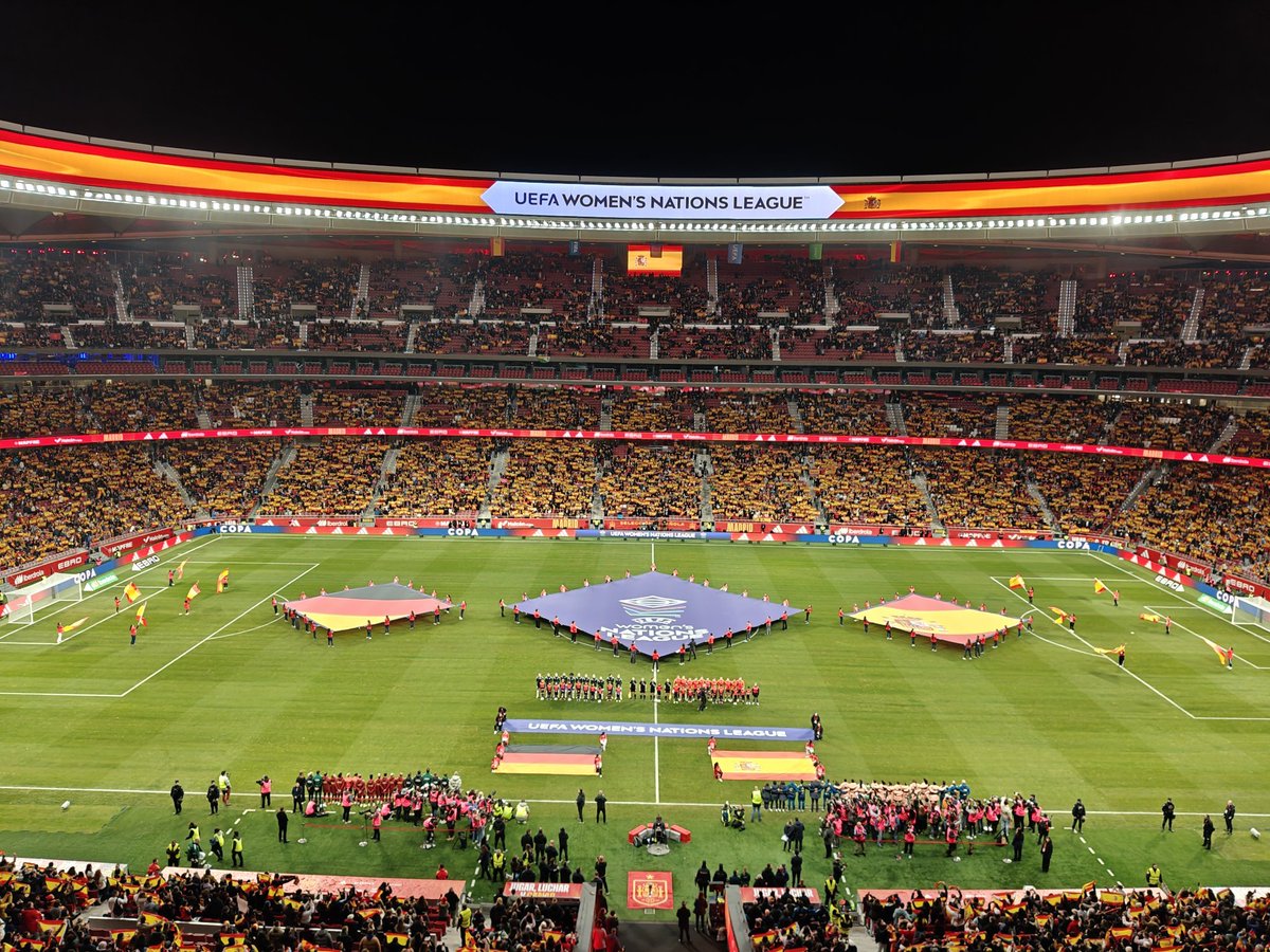 NUEVO RÉCORD DE AFORO 🏟️🇪🇸:

55.843 aficionados alentaron a la Selección Femenina de España en el Riyadh Air Metropolitano, en su victoria en la final de la Nations League Femenina ante Alemania.

Nueva marca de asistencia de público para el combinado nacional español. #UWNL