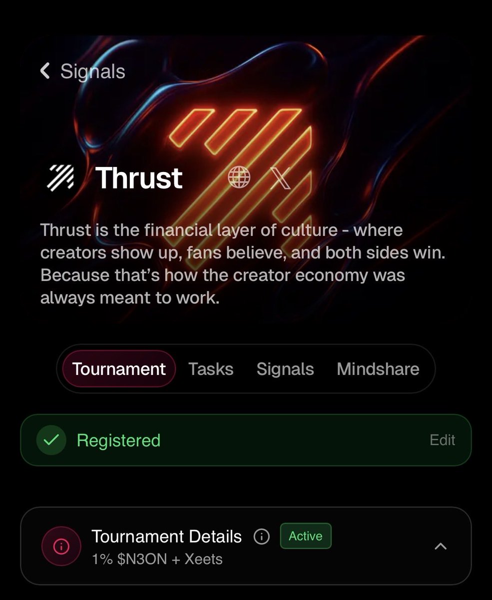 sanjayacharyah's tweet photo. Gn CT fam 🥱
Trust me with @thrustdotcom I'm going to be super rich very soon period.
I love the concept and i love it more because it is on $SOL chain my favourite one, #Thrustdotcom is here to stay and rule the creator market economy.
And don't forget the generous 1% native token $N3ON for top 150 tournament participants on @xeetdotai 😉
Why this is going to win in this current market 👇🏻
• Creators have no medium to connect to fams
• $JESSE launch made us understand the power of creator token
• $ZORA own app helps creators own their token and it is running successfully on $BASE
• $SOL user basis is more
fin.