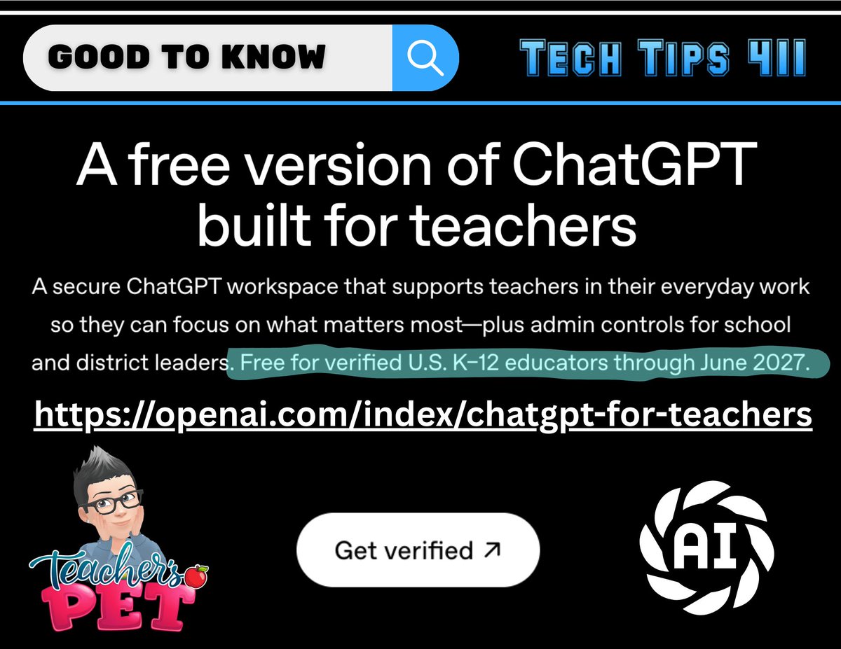 apsitjen's tweet image. Check out this week&apos;s #TechTips411 with #edtech tips, tools, and resources:
techtips411.com/tips/tech-tips…
📓 Brainraider digital notebook
⏯️ @CanvaEdu Video 2.0
🆓 ChatGPT for US K-12 teachers
👾 @CSforALL Hour of AI