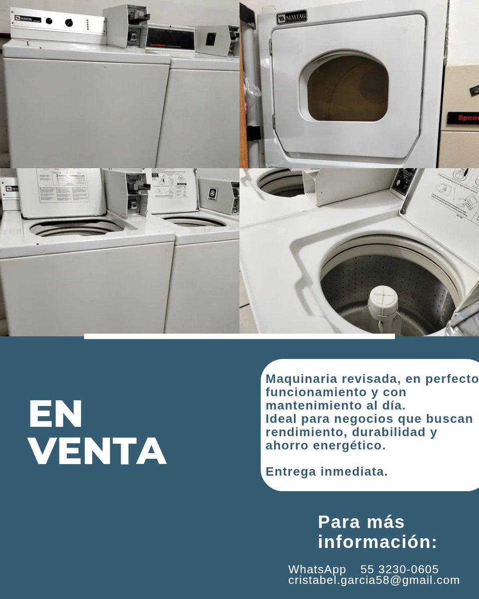 ¿Quieres abrir una lavandería o actualizar tu equipo?
Tenemos la maquinaria perfecta para ti: eficiente, rentable y lista para trabajar desde el primer día
🔹️Equipos seminuevos
🔹️Precios accesibles
🔹️Excelente precio
ℹ️ WhatsApp 5532300605
      cristabel.garcia58@gmail.com
