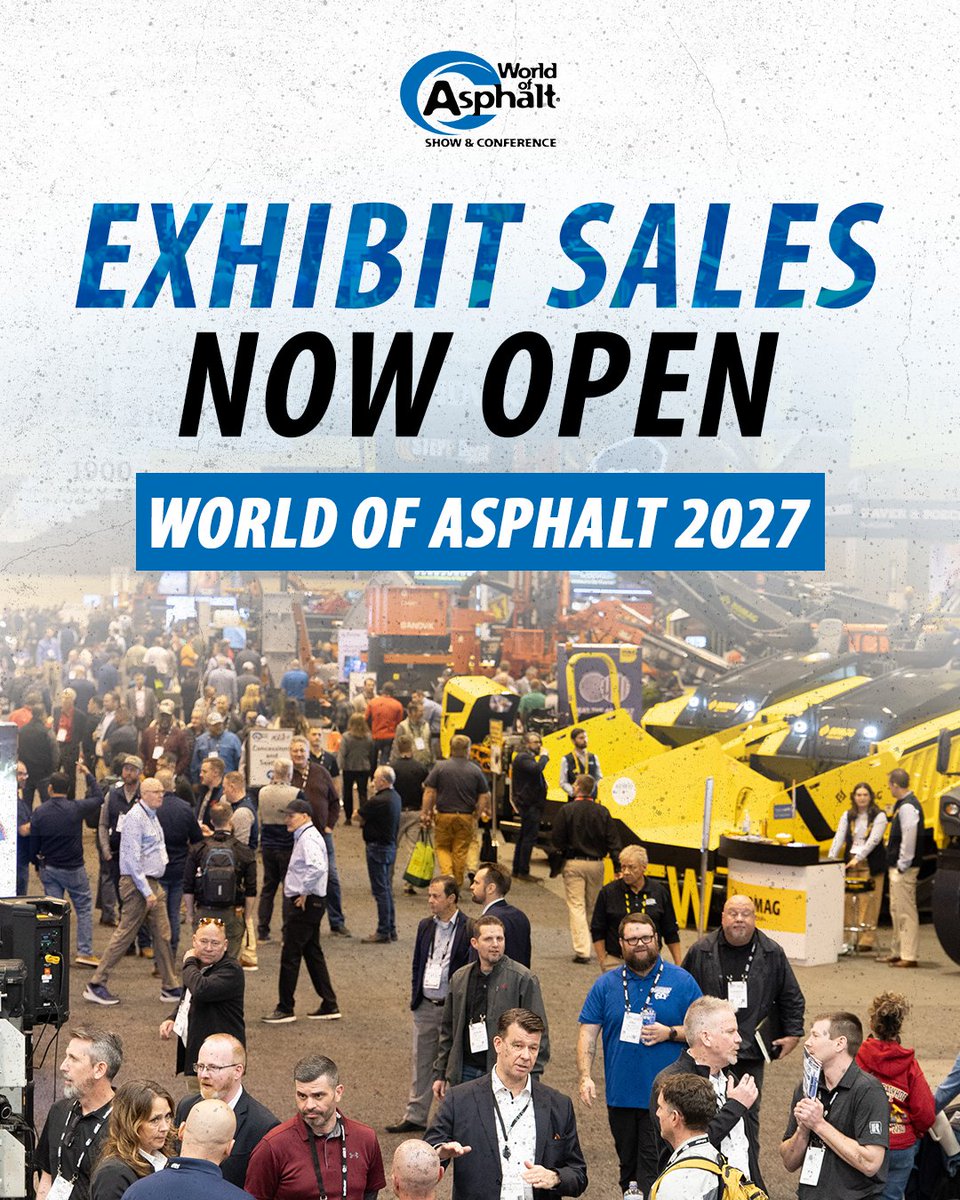 The road to #WorldOfAsphalt2027 starts now, exhibit sales are NOW OPEN! 
Interested in showcasing your products and services? Secure your spot now: bit.ly/3XrOXTx

Whether you plan on exhibiting, or attending, mark your calendar:
📅 March 15-17, 2027
📍 New Orleans, LA