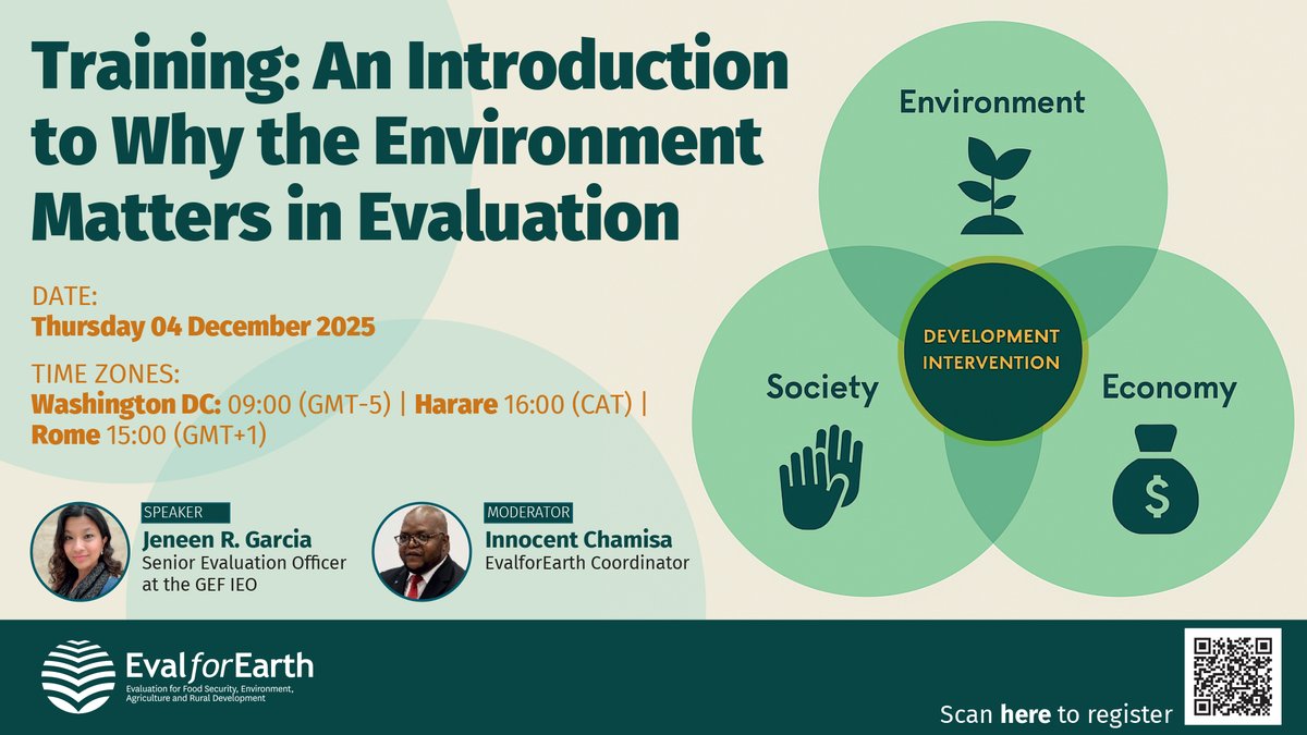 GEF_IEO's tweet photo. 🌍 Why Environment Matters in Evaluation
📅 Dec 4 | ⏰ 9:00 AM EST
🔗 Register: https://t.co/Z1O0EaEx9y

Join @GEF_IEO  + @EvalforEarth for a 1-hour intro session with Jeneen R. Garcia, Senior Evaluation Officer, GEFIEO 

#GEF #IEO #EvalforEarth #EnvironmentalEvaluation #SDGs https://t.co/fitgEAbWfG