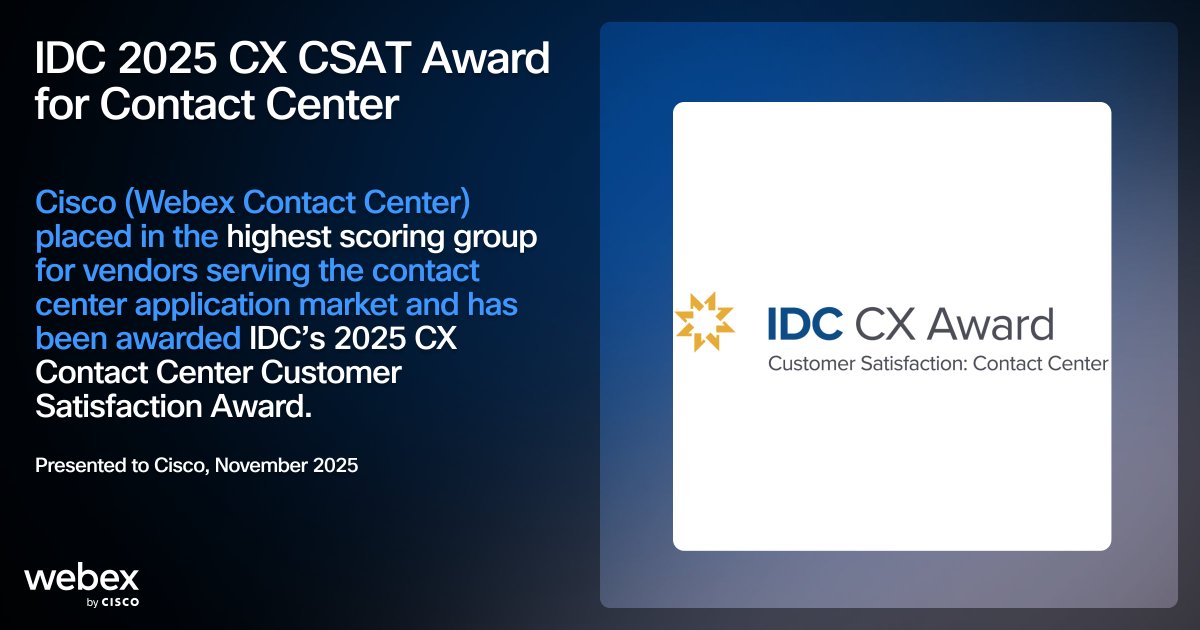 Webex's tweet image. We&apos;re incredibly proud to announce that Webex Contact Center has been honored with the prestigious IDC 2025 CX CSAT Award! 🎉 This recognition places us among the highest-scoring vendors for customer satisfaction in the contact center market.

This award is a powerful testament…