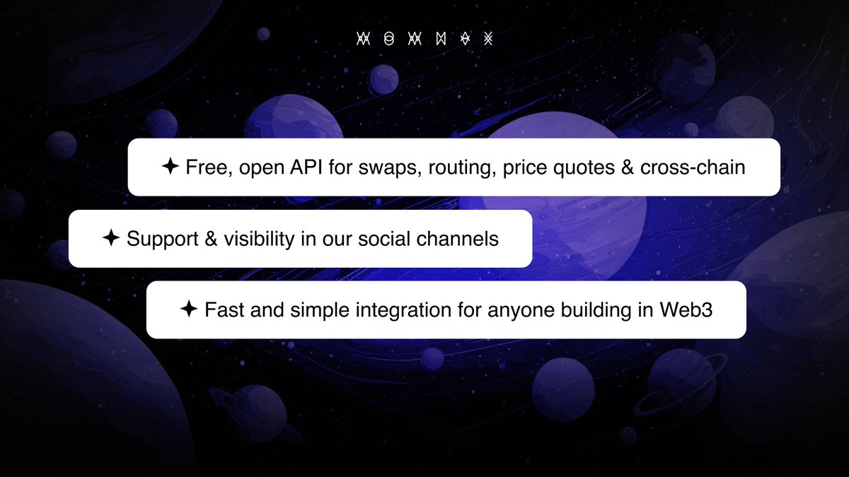 WowmaxExchange's tweet image. What we offer:

🔌 Free, open API for swaps, routing, price quotes &amp;amp; cross-chain
🤝 Support &amp;amp; visibility in our social channels
⚡ Fast and simple integration for anyone building in Web3

Built for scaling — reliable, high-performance infrastructure.