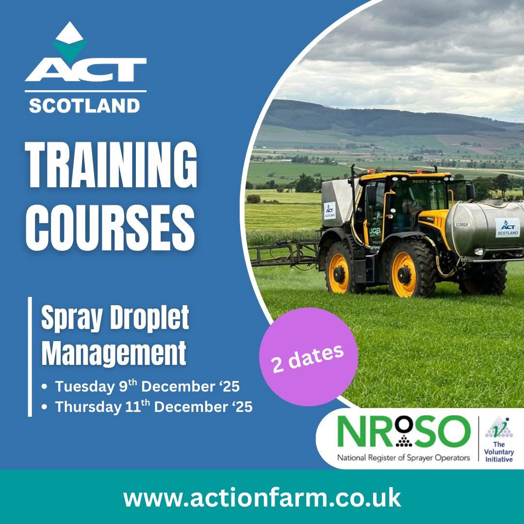 📢 **NRoSO Annual Sprayer Operator Training 2025–26**
Course Title: *Spray Droplet Management*

📅 **Tuesday 9th December**
📍 ACT Forfar Office
⏰ Morning &amp; afternoon sessions available
✅ To book your place contact Grant: 
📧 greid@actionfarm.co.uk | 📞 07849 633273