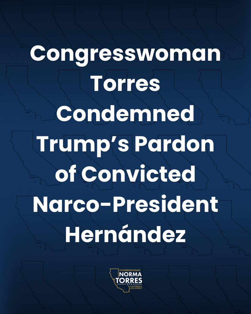 NormaJTorres's tweet photo. Congresswoman Torres Condemned Trump’s Pardon of Convicted Narco-President Hernández. https://t.co/2U1SpGl94a