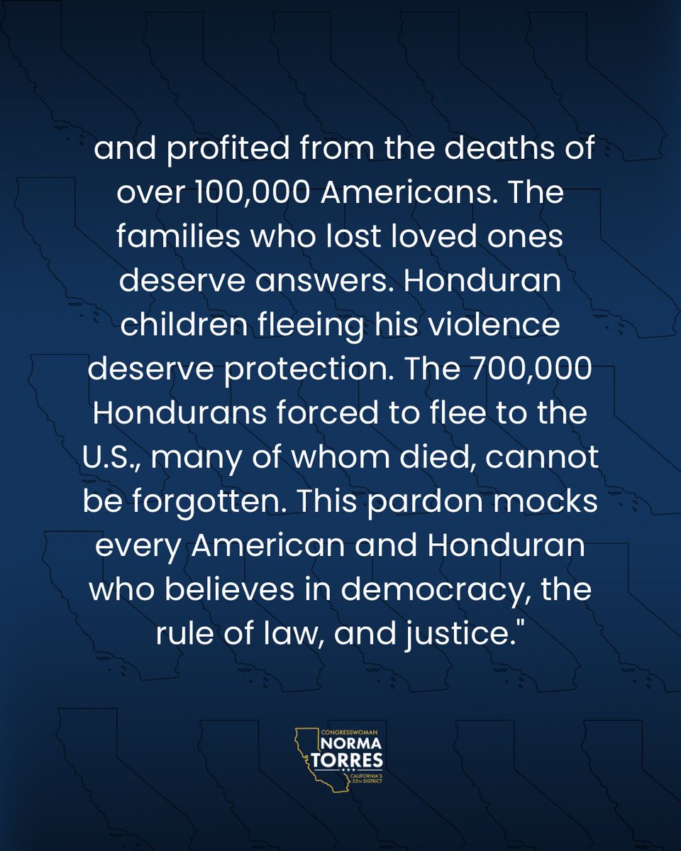 NormaJTorres's tweet photo. Congresswoman Torres Condemned Trump’s Pardon of Convicted Narco-President Hernández. https://t.co/2U1SpGl94a