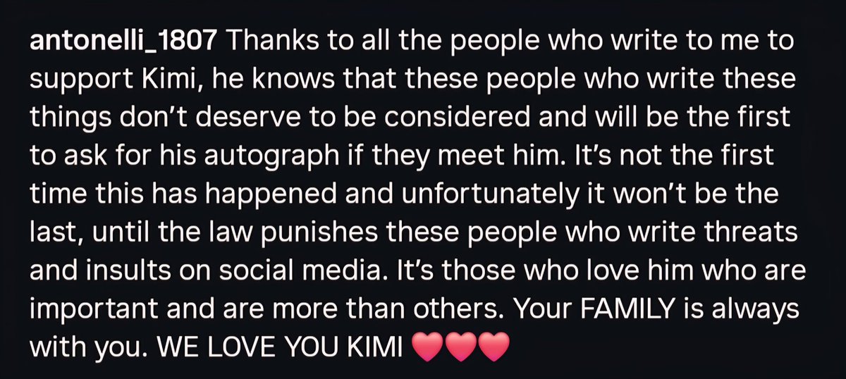 marco (papá de kimi) compartiendo un texto por su ig 

"el sabe que estas personas que escriben estas cosas no merece ser consideradas y que serían los primeros en pedirle un autógrafo si lo conocieran”

fujaajkaakj el no dijo ni una sola mentira let him cook