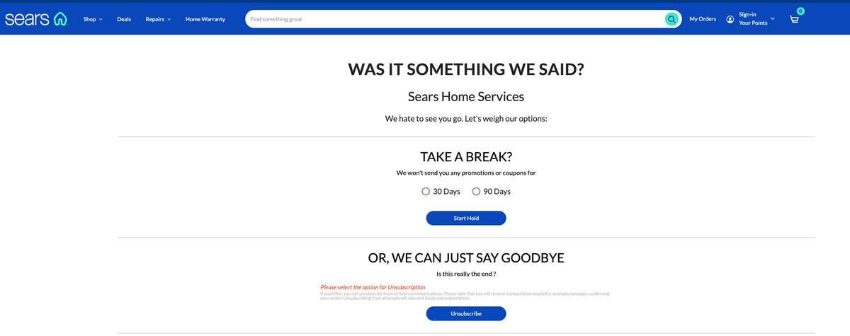 You would think a brand as large as Sears Home Services would 1) have unsubscribe set up properly and 2) honor unsubscribes. 
<a href="/TransformcoHQ/">Transformco</a> as you all own <a href="/SearsHomeExpert/">Sears Home Services</a> you may want to see why people cannot unsubscribe in 2025. Not sure if @sears is broken as well. <a href="/FTC/">FTC</a>
