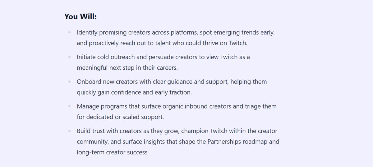 Looking to get your start in the Creator Economy? <a href="/Twitch/">Twitch</a> is hiring for a new role for a Partnerships Specialist: careers.twitch.com/en/career-post…

If you think you can help identify and recruiter creators/trends that would be perfect for Twitch, this is the role for you...