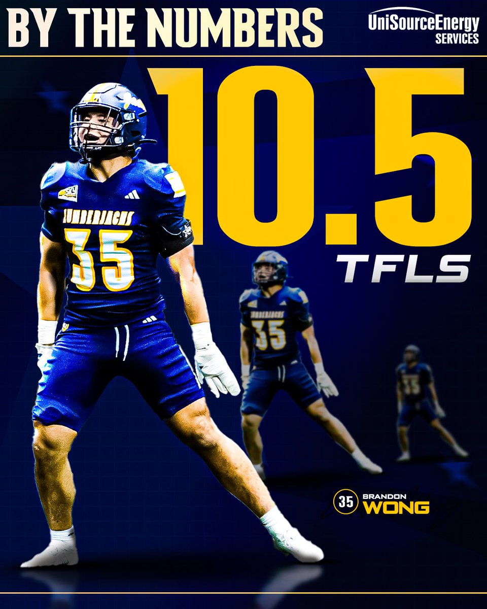 NAU_Football's tweet photo. 🫡 @Wong23Brandon 

No player in the @BigSkyConf had more tackles-for-loss in less games.

#RaiseTheFlag | #BigSkyFB https://t.co/jmqzl9pQRk