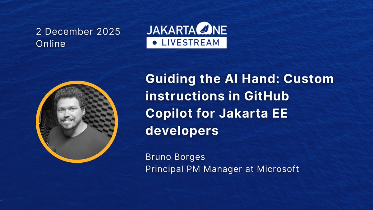 JakartaOneConf's tweet image. ⏰ Starting soon! 

Bruno Borges will present “Guiding the AI hand: Custom instructions in GitHub Copilot for Jakarta EE developers” at the JakartaOne Livestream 2025!

Don&apos;t miss this session, join live! hubs.la/Q03W3tFb0

#JakartaEE #Java #CloudNativeJava #opensource