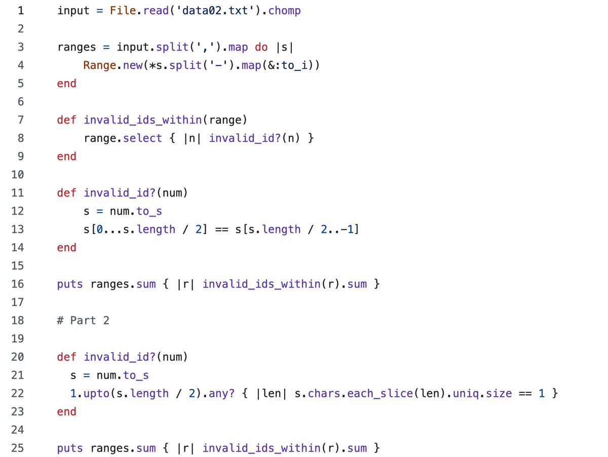hosseeb's tweet image. Day 2 of #AdventOfCode down. Got some really nice Ruby-ism code golfing on this one!

Onto the next 🫡