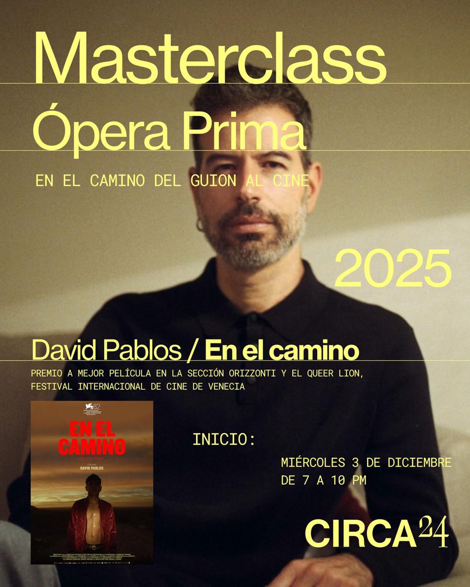 Si haces cine, quieres hacer cine o el cine te salvó alguna vez: mañana no faltes.
Masterclass con <a href="/davpablos/">David Pablos</a> en CIRCA:
 “En el camino, del guión al cine”.
Abierto a todxs: estudiantes, directores, actores, curiosxs.
Corre la voz. 🎥✨
instagram.com/circa.24cine/