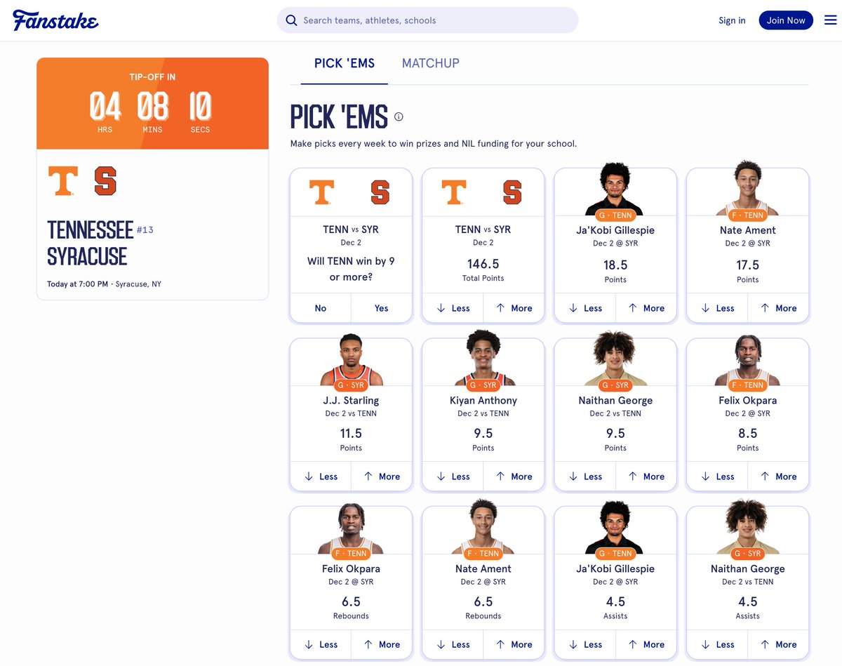 FanstakeHQ's tweet image. A battle of who's more Orange is taking place at the Carrier Dome tonight. #13 Tennessee vs Syracuse tips off at 7 PM EST.

All the game and player props here: fanstake.com/mens-college-b…

Tennessee -8.5
Over/Under 146.5 Total Points

POINTS
Ja’Kobi Gillespie (UT) — Over/Under 18.5…