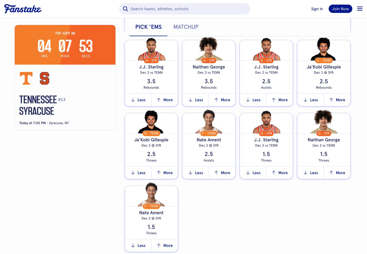 FanstakeHQ's tweet image. A battle of who's more Orange is taking place at the Carrier Dome tonight. #13 Tennessee vs Syracuse tips off at 7 PM EST.

All the game and player props here: fanstake.com/mens-college-b…

Tennessee -8.5
Over/Under 146.5 Total Points

POINTS
Ja’Kobi Gillespie (UT) — Over/Under 18.5…