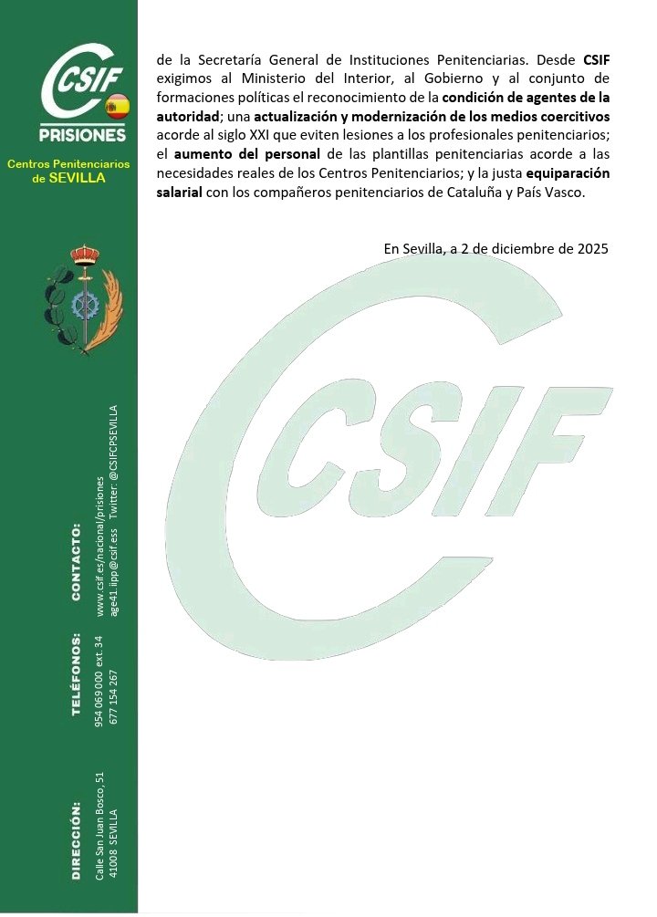 CSIF_SEVILLA_1's tweet photo. CSIF PRISIONES SEVILLA DENUNCIA GRAVE ALTERCADO EN EL CENTRO PENITENCIARIO SEVILLA I

@CSIFPRISIONES 
@CSIFIIPPANDALUC https://t.co/6aWahYVE19