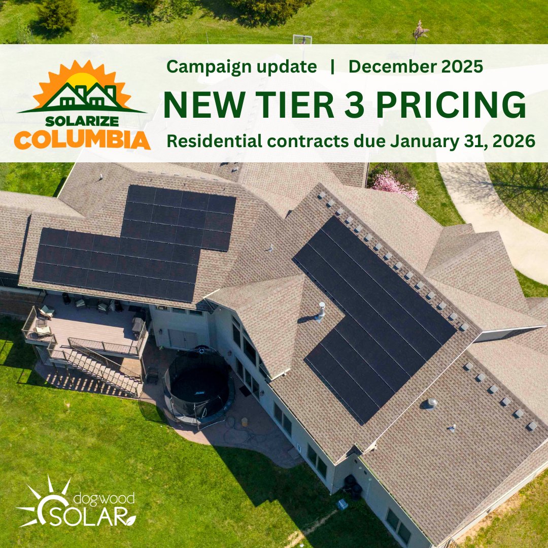 Solarize Columbia has reached Tier three! Those who have already signed up have until January 31, 2026 to submit their proposal and take advantage of our discount pricing!