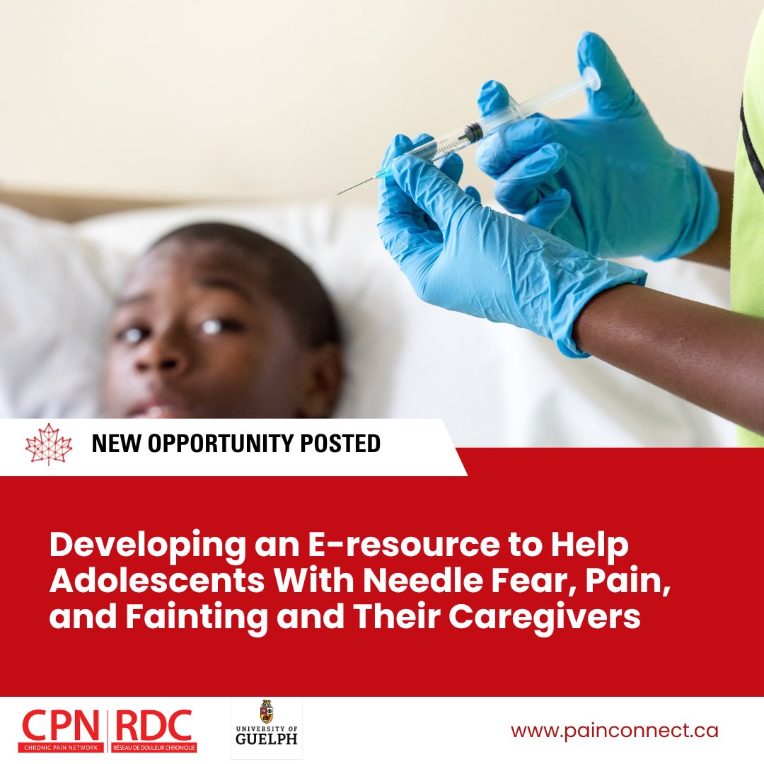 👦🏻💉👧🏽University of Guelph is developing an E-resource to help adolescents with needle fear, pain, and fainting and their caregivers. Sign-up for this opportunity on Pain Connect today: tinyurl.com/ycxmxvys