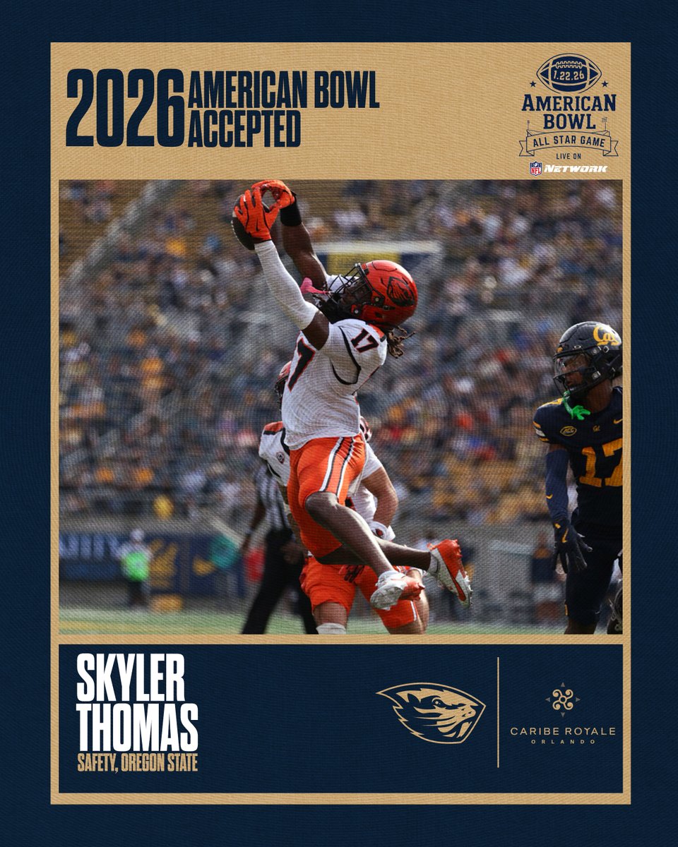 WELCOME TO THE AMERICAN BOWL! 🇺🇸

Skyler Thomas from <a href="/BeaverFootball/">Oregon State Football</a> has officially accepted his invitation to the 2026 American Bowl, where the nation’s top senior talent comes together to compete, represent their programs, and honor those who serve.

Next stop: Orlando 🇺🇸🏈