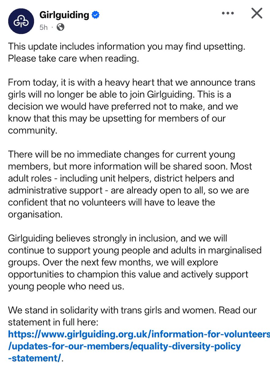 theitkid's tweet image. Terrible decision here from @Girlguiding. Trans girls deserve to have a space where they can grow, develop, and learn while supported by adults who care about them.