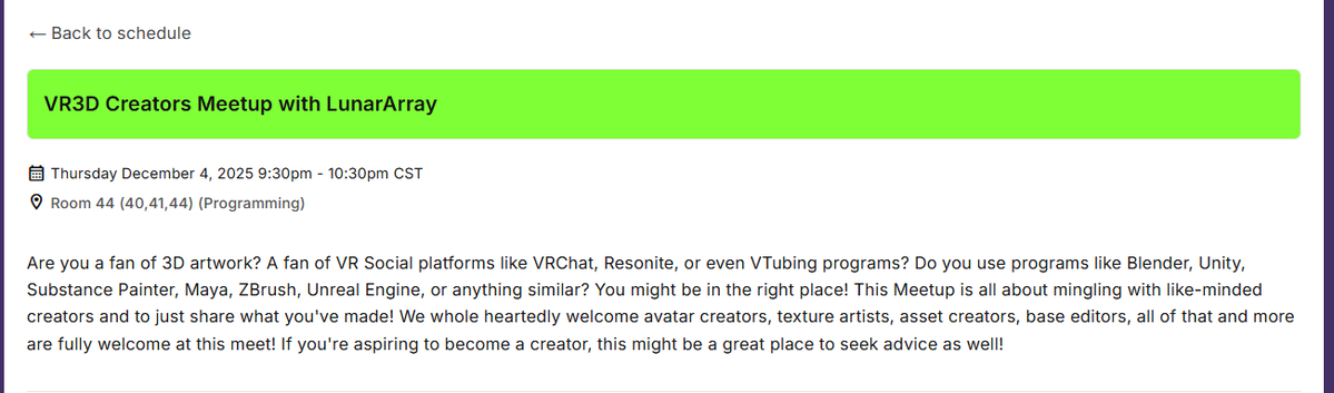 ItsLunarArray's tweet image. Hey guys! I have a meetup at MFF for creators in the VR and 3D space! Loved the turnout at Anthrocon this year and Im super excited for it again! Lets just talk about our cool creations and aspirations! December 4th at 9:30PM! No badge required! Hope to see yall there!❤️