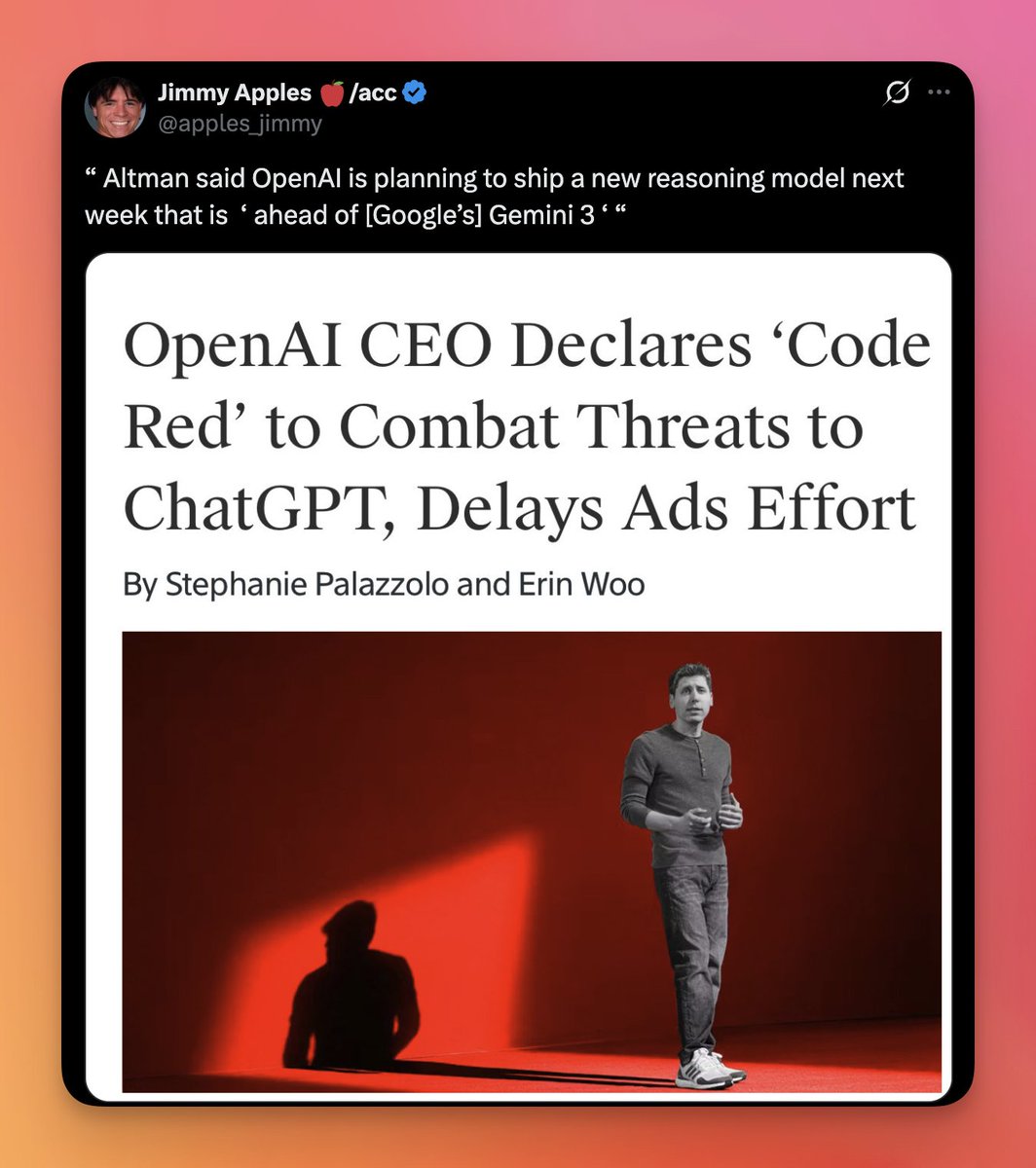 daniel_mac8's tweet image. Sama declares 🔴 Code Red 🔴 at OpenAI.

The below chart shows why.

For the first time since Nov. &apos;22, OpenAI is falling behind Google and Anthropic on model capability rather than only coding or cost/performance ratio.

Don&apos;t count OpenAI out of the race just yet though...…