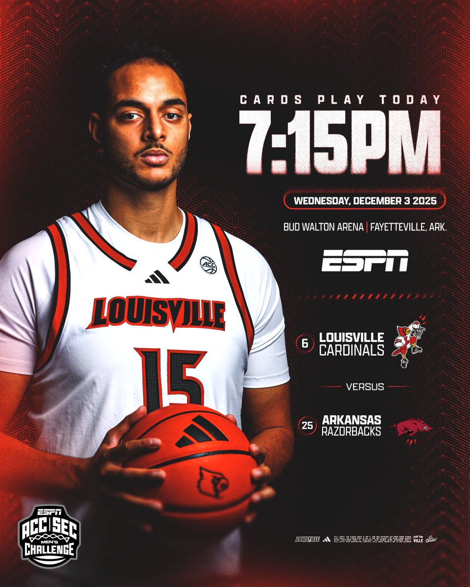 LouisvilleMBB's tweet image. Up for the challenge

🆚 No. 25 Arkansas
⚔️ ACC/SEC Challenge
📍 Bud Walton Arena
🕘 7:15 p.m. ET
📺 ESPN
💻 uofl.me/MBB8Watch
📊 uofl.me/MBB8Stats
📻 @939TheVille

#GoCards