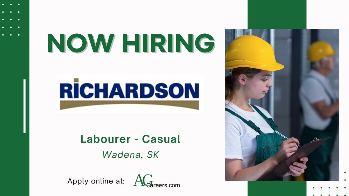 .<a href="/Richardson_INTL/">Richardson International</a> is #Hiring a Labourer - Casual in Wadena, SK!

In this role, you will grow your hands-on operations and customer support skills by handling crop inputs, making deliveries.

Apply now on #AgCareers! 
ow.ly/yvRt50XA5ef