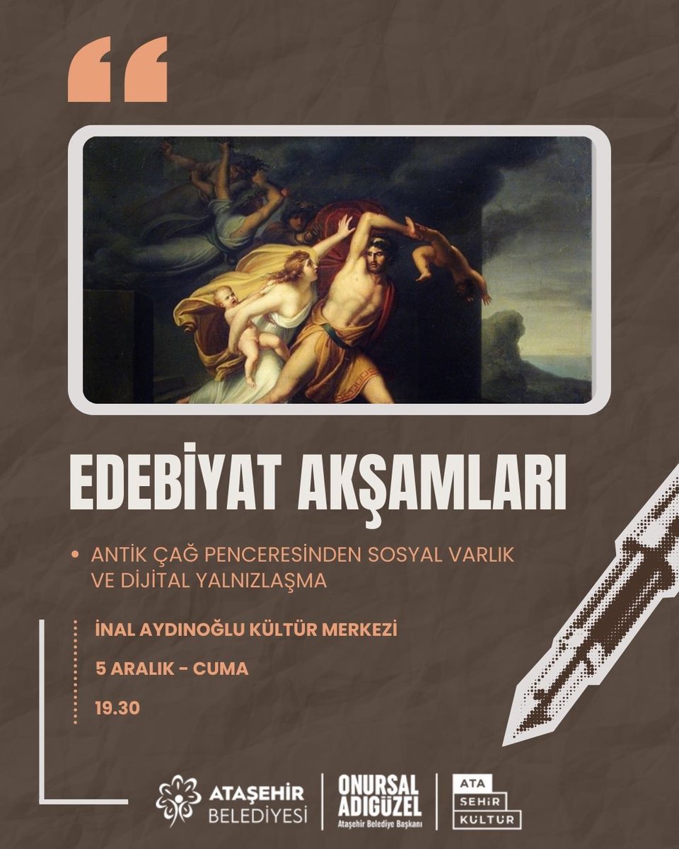 elifhopyar's tweet photo. Edebiyat Akşamları programında bu ay Prof. Dr. Çiğdem Dürüşken Hocamızı ağırlıyoruz.  Antik Çağdan günümüze Sosysl Varlık ve Dijital Yalnızlık konusunu ele alacağız, bekleriz. @dcigdem @atasehirbld @alfakitap @eskiyunandili https://t.co/zge56GITWb