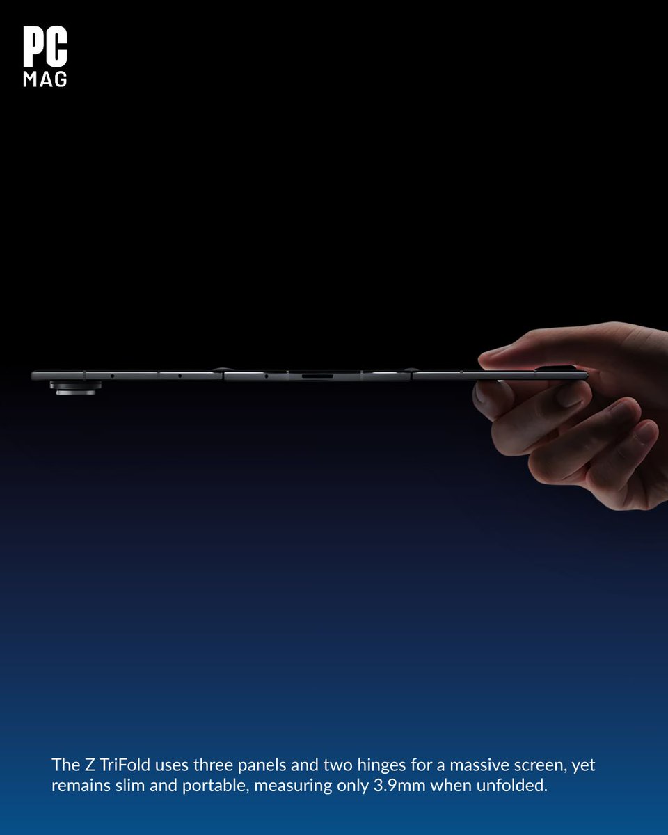PCMag's tweet image. Samsung's latest experiment in mobile form factors is finally here.📱📂

The Galaxy Z TriFold is a premium phone with two flaps that open up into an expansive, 10-inch screen. It basically turns into a Galaxy Tab 10 FE.

#GalaxyZTriFold #FoldableTech 

📸: Samsung

Read more 🔗