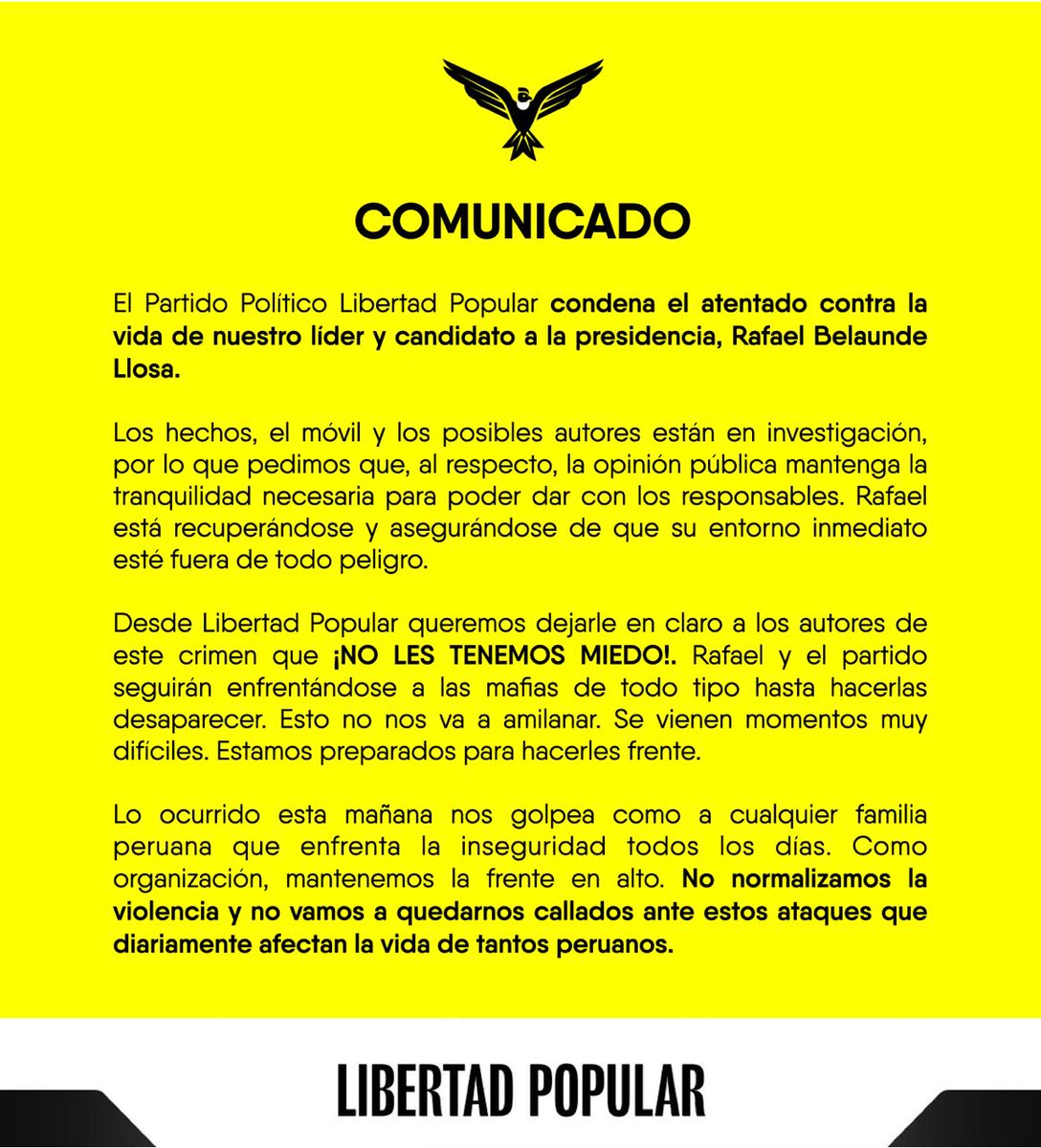 gustavocesti's tweet photo. Comunicado de Libertad Popular frente al ataque contra nuestro líder, Rafael Belaunde. https://t.co/xHhpYFUXSo