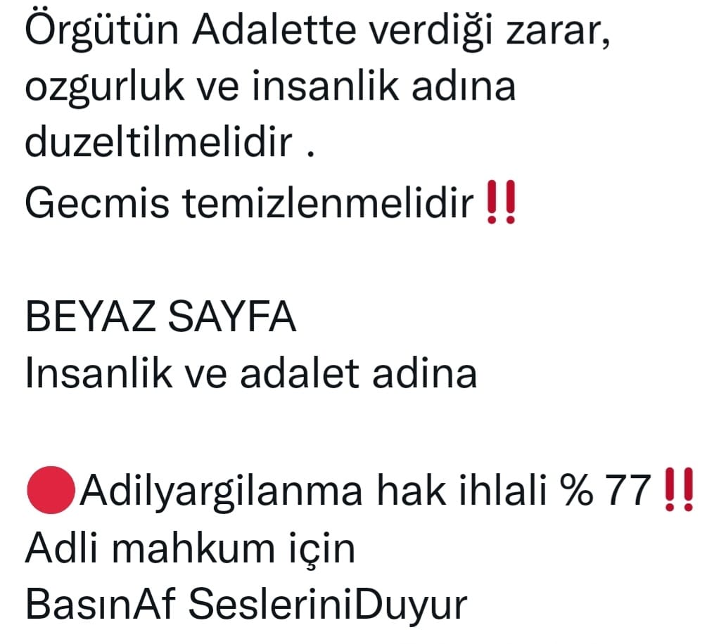 <a href="/YildizFeti/">Feti Yıldız</a> Gerçek barış, herkesi içine alan bir affın ardından gelir.
Terörsüz Türkiye 
Cezaevleri AFBekliyor
<a href="/RTErdogan/">Recep Tayyip Erdoğan</a> <a href="/dbdevletbahceli/">Devlet Bahçeli</a> <a href="/YildizFeti/">Feti Yıldız</a> <a href="/mehmetucum/">Mehmet Uçum</a> <a href="/AvOzlemZengin/">Av. Özlem Zengin 🇹🇷</a> <a href="/avabdullahguler/">Abdullah Güler</a>