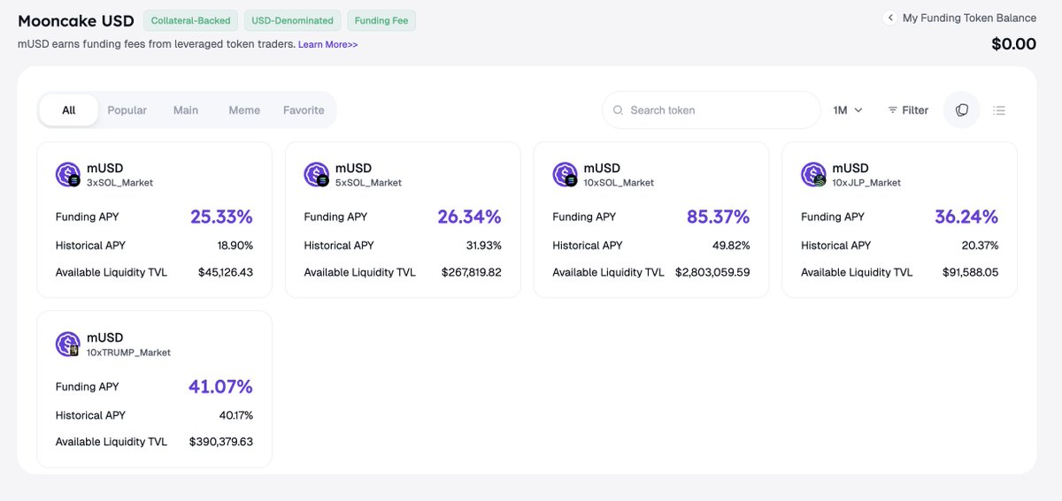 Mooncake mUSD 资金市场仪表板，显示杠杆化 Solana 仓位的最高 APY 达到 85.37%