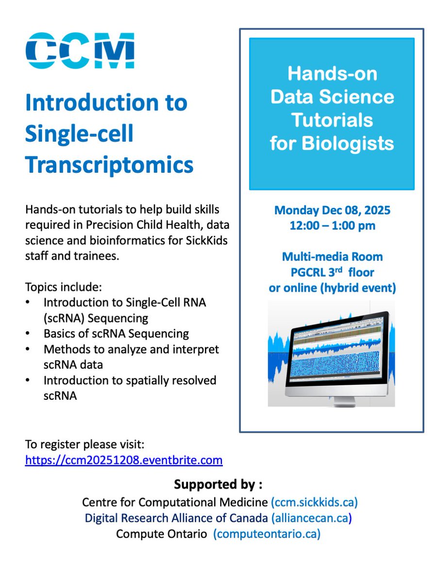 CompMedicine's tweet image. Introduction to Single-cell Transcriptomics

Hybrid training for SickKids staff &amp;amp; trainees: learn scRNA sequencing basics, analysis methods &amp;amp; spatial approaches.

🔗 Register here: ccm20251208.eventbrite.com

#SingleCell #Transcriptomics #Bioinformatics #Training