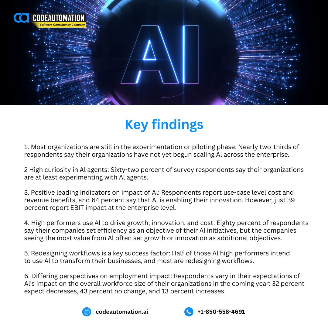 CodeAutomation's tweet image. Day 2 @CodeAutomation! Most companies still just testing AI, 62% already trying agents. Everyone sees cost wins and innovation, top players chase growth too, and half are redesigning workflows. The shift is happening! #StateOfAI2025 #AIAgents #CodeAutomation