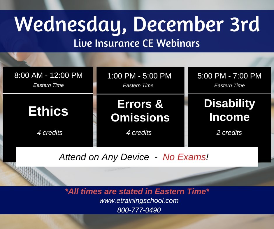 EITINS's tweet image. Get your CE done today! 📚
Our Dec 3rd live webinars are running all day—morning, afternoon &amp;amp; evening. Join from any device + NO exams ever. Easy, flexible, done. ✔️

Register: etrainingschool.com

#InsuranceCE #CEWebinars #EasyCE