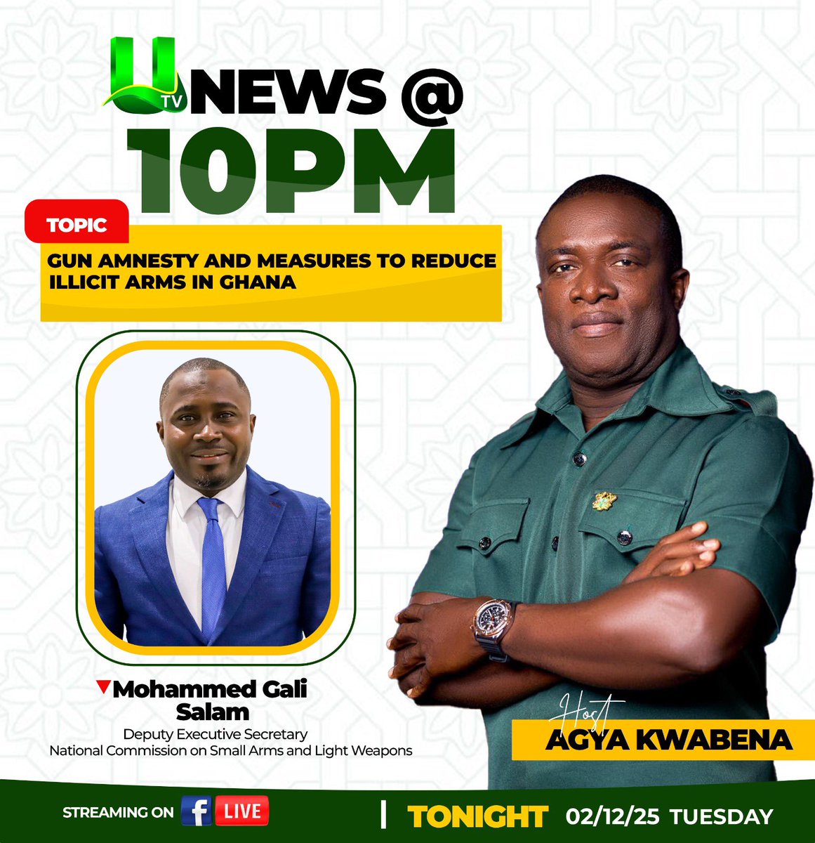 Tonight at 10 PM, the Deputy Executive Secretary, of the Small Arms Commission joins UTV to discuss the Gun Amnesty Programme and efforts to curb illicit firearms flows.
Stay tuned.

#Ghana #GunAmnestyProgramme