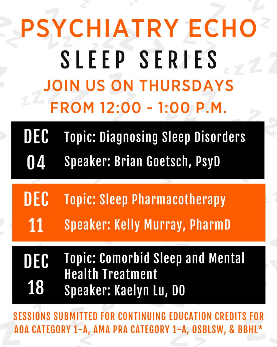OKStateECHO's tweet image. Our Psychiatry ECHO is launching a three-part Sleep Series starting December 4. Join us as we dive into diagnosing sleep disorders, sleep pharmacotherapy, and the connection between sleep and mental health.

Register here: redcap.okstate.edu/surveys/?s=3KY…