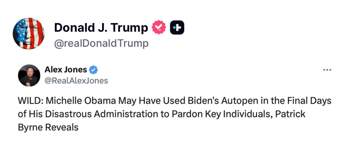Michelle Obama used Autopen days before the end of Joe Biden's presidency to pardon key individuals. 
Truth Social